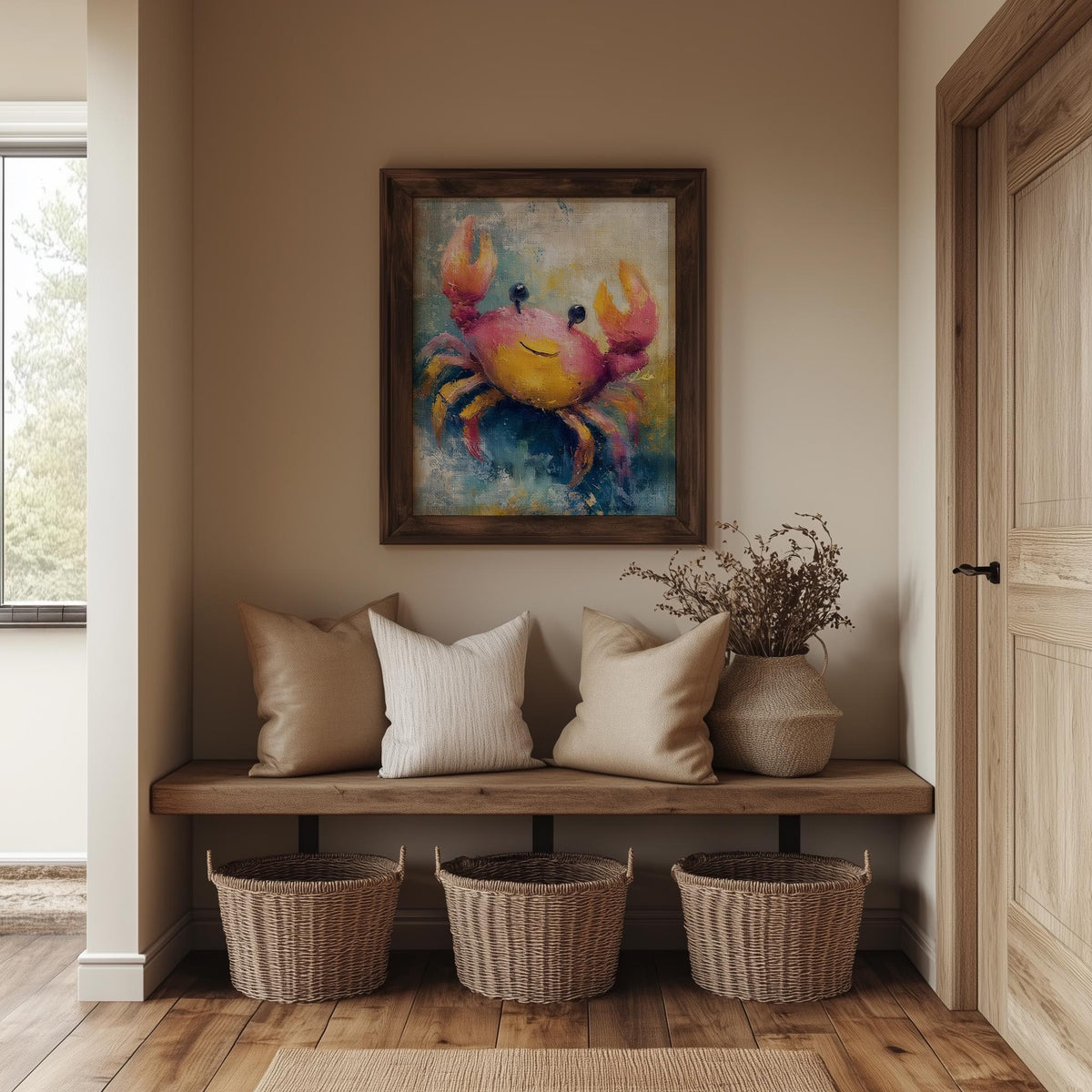 Happy Crab animal art print shown in a room setting