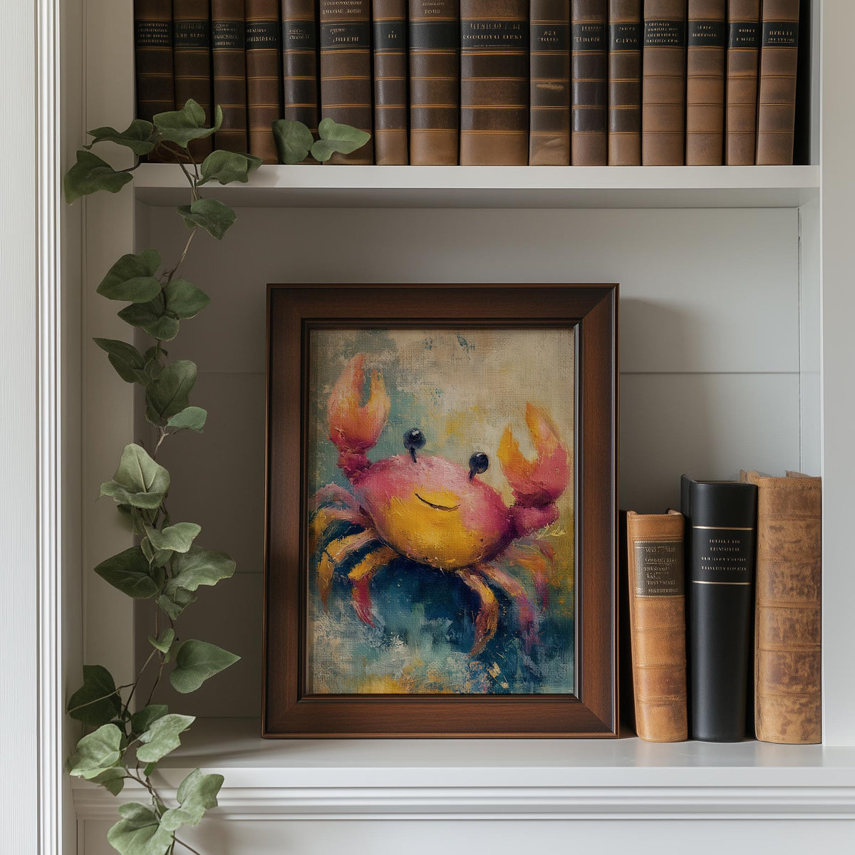 Happy Crab animal art print shown in a room setting
