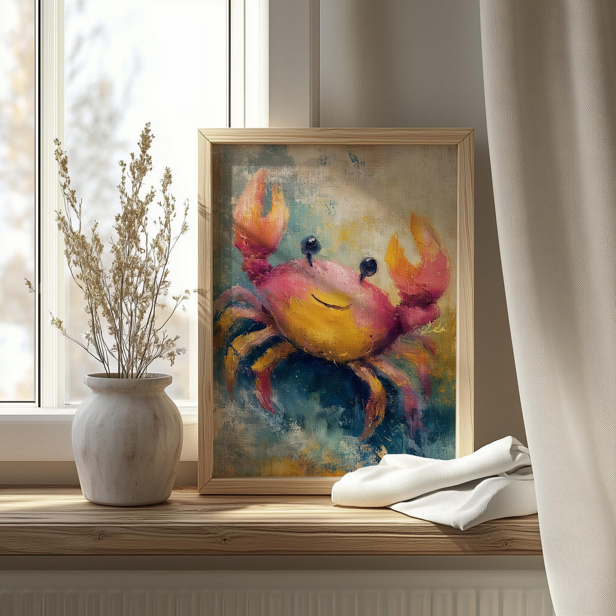 Happy Crab animal art print shown in a room setting
