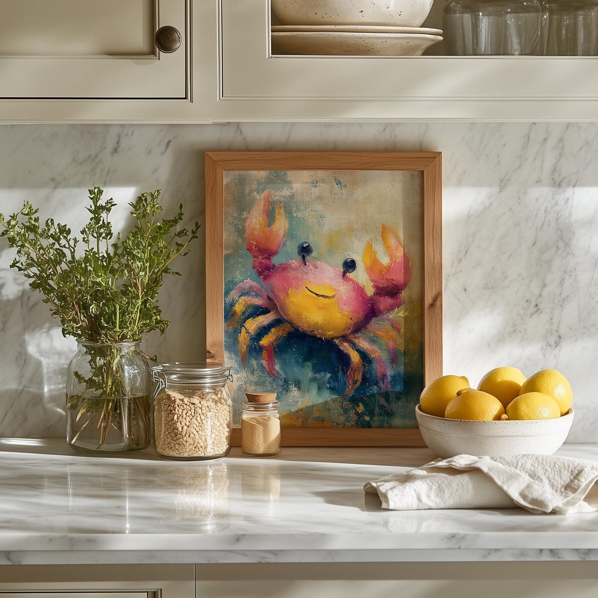 Happy Crab animal art print shown in a room setting