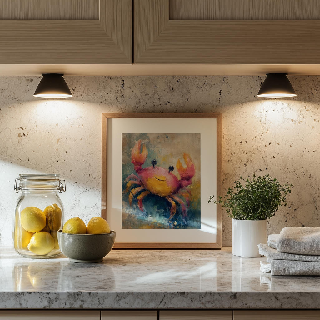 Happy Crab animal art print shown in a room setting