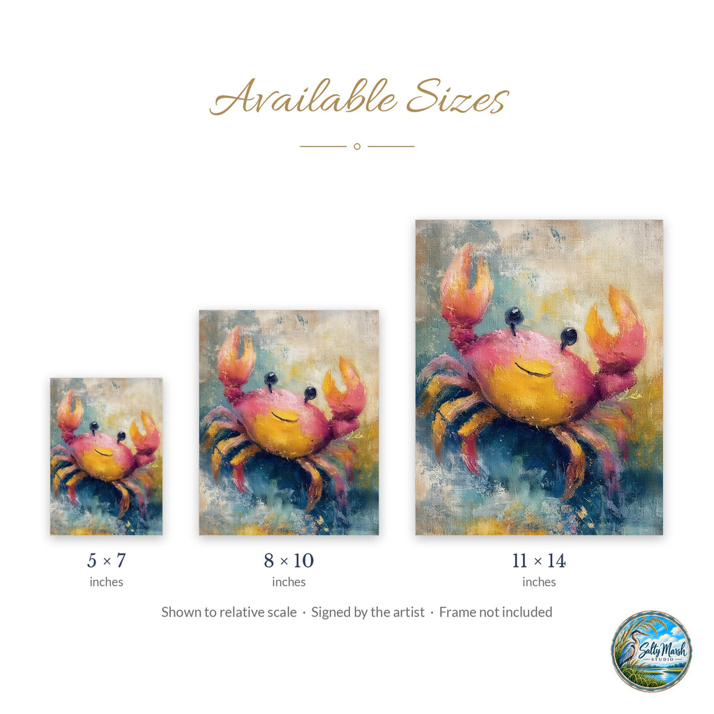 Happy Crab art print size guide: 5x7, 8x10 and 11x14