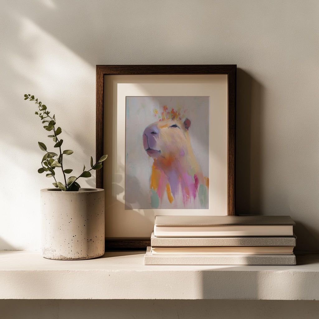 Capybara Flowers animal art print shown in a room setting