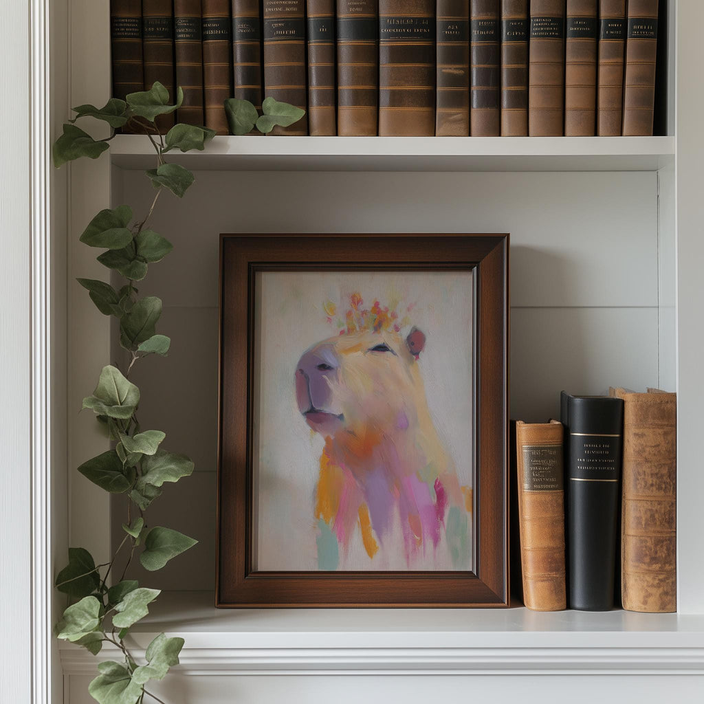 Capybara Flowers animal art print shown in a room setting