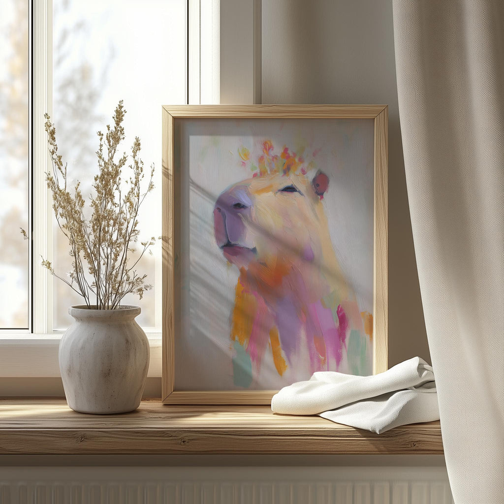 Capybara Flowers animal art print shown in a room setting