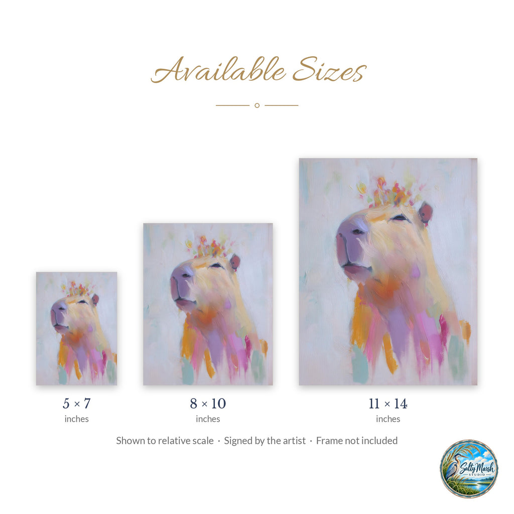 Capybara Flowers art print size guide: 5x7, 8x10 and 11x14