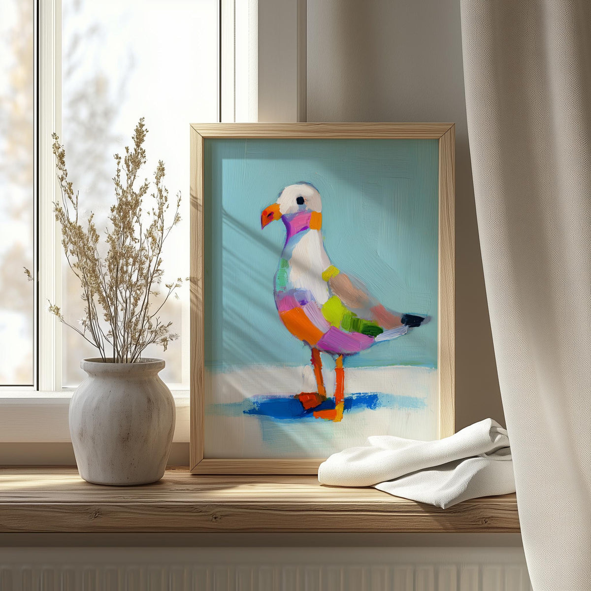Folk Seagull animal art print shown in a room setting