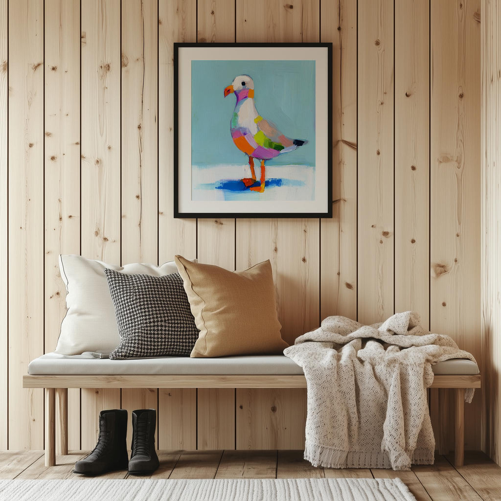 Folk Seagull animal art print shown in a room setting