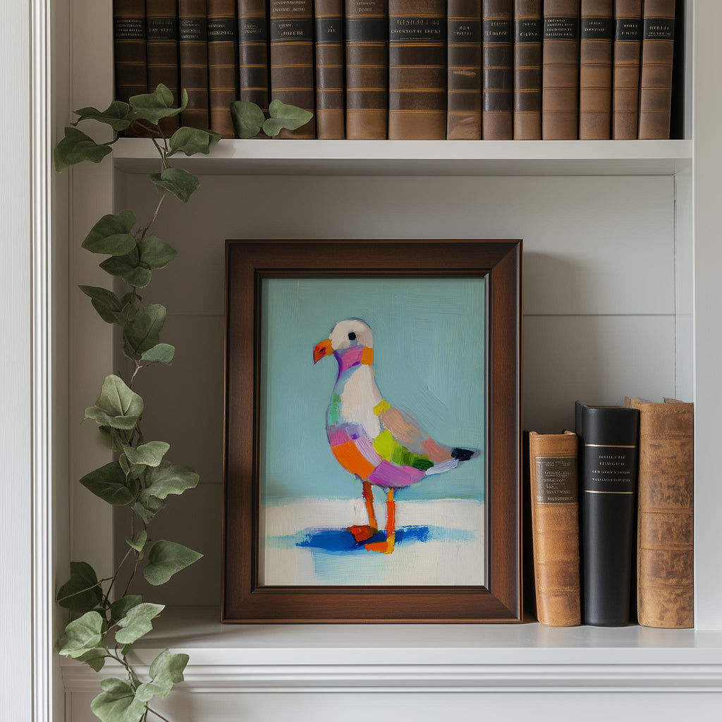 Folk Seagull animal art print shown in a room setting