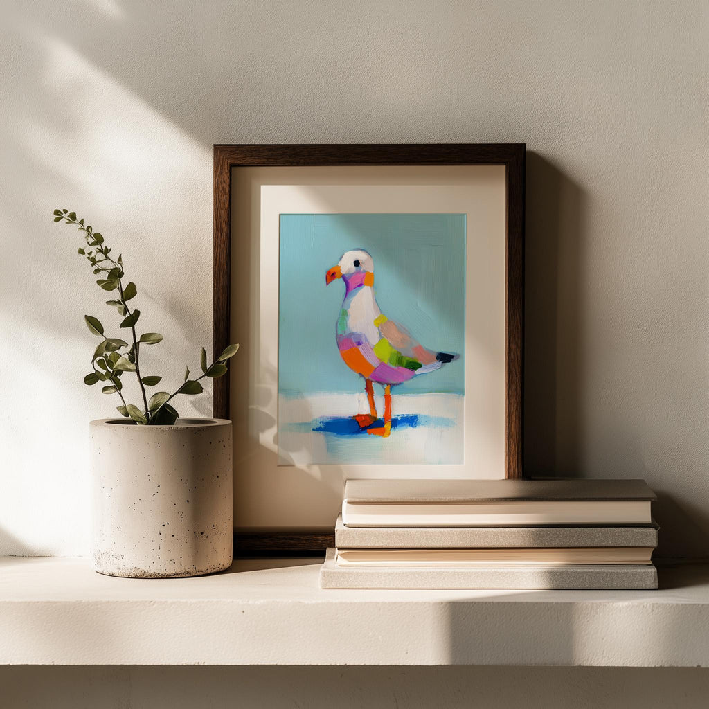 Folk Seagull animal art print shown in a room setting