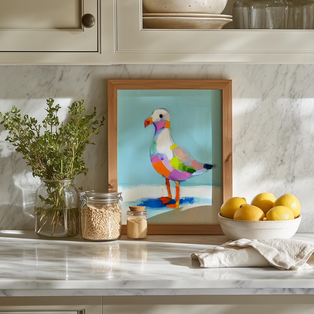 Folk Seagull animal art print shown in a room setting
