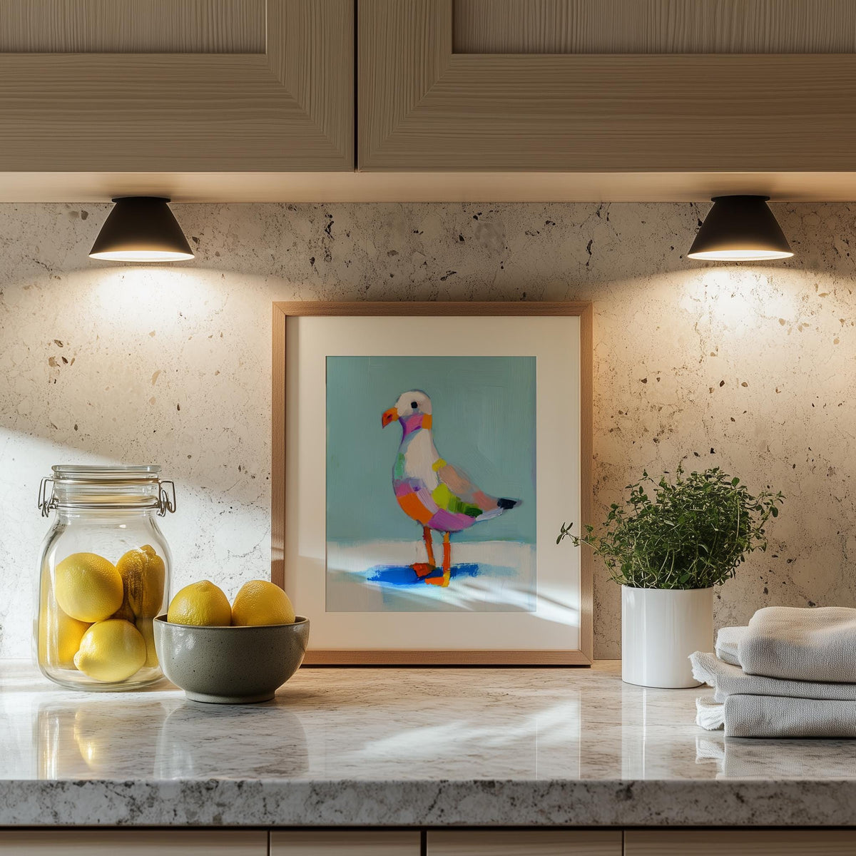 Folk Seagull animal art print shown in a room setting