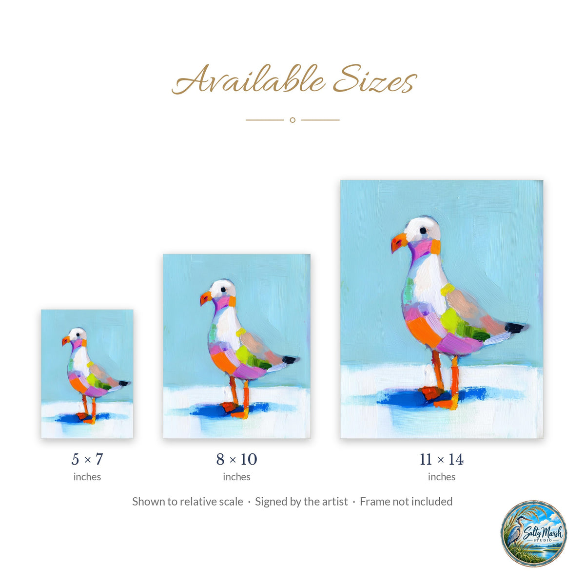 Folk Seagull art print size guide: 5x7, 8x10 and 11x14