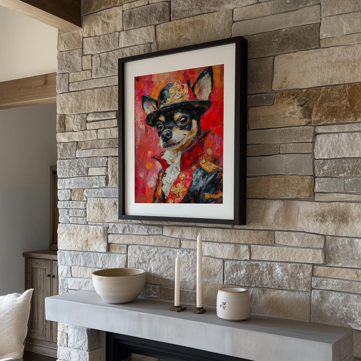 Chihuahua Uniform animal art print shown in a room setting