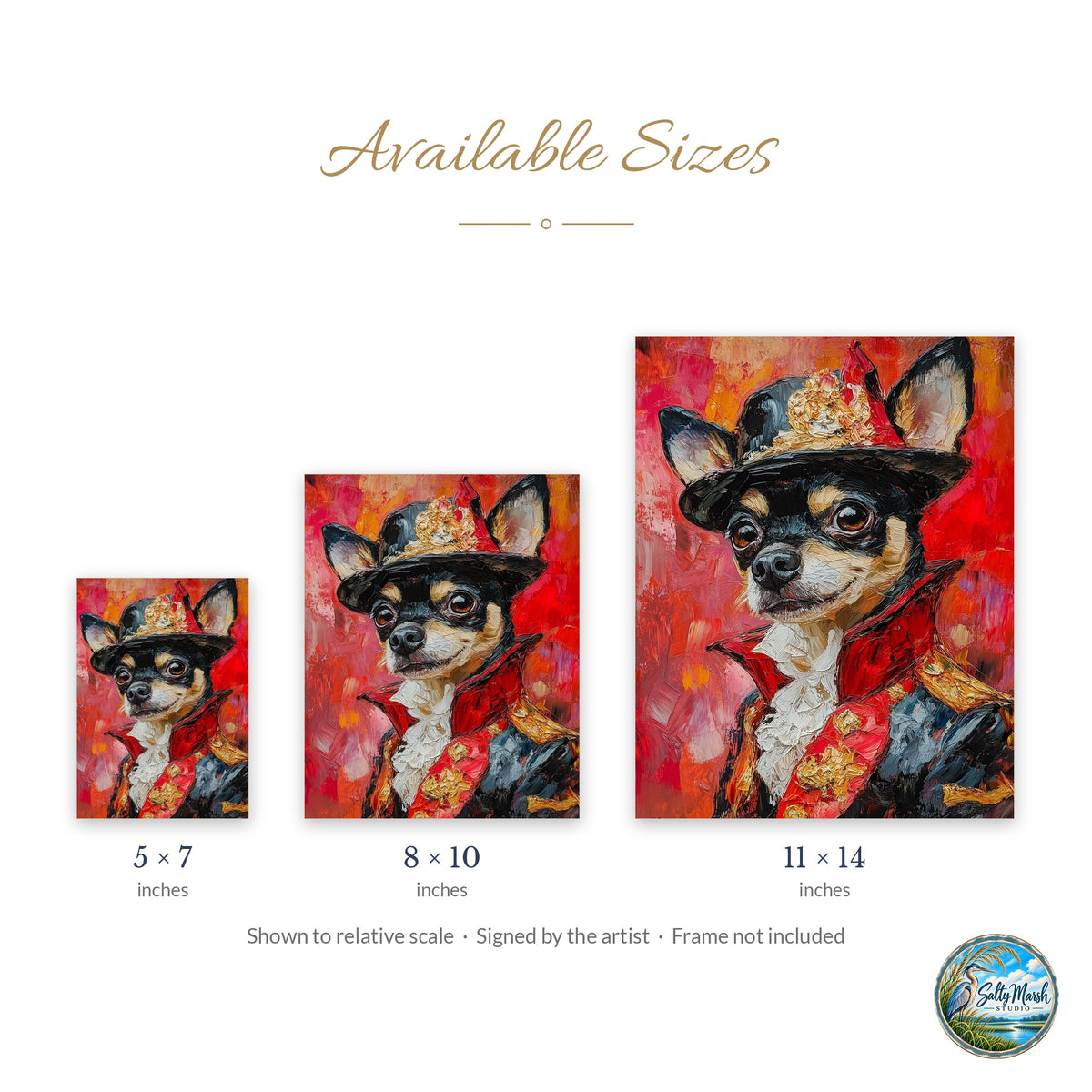 Chihuahua Uniform art print size guide: 5x7, 8x10 and 11x14