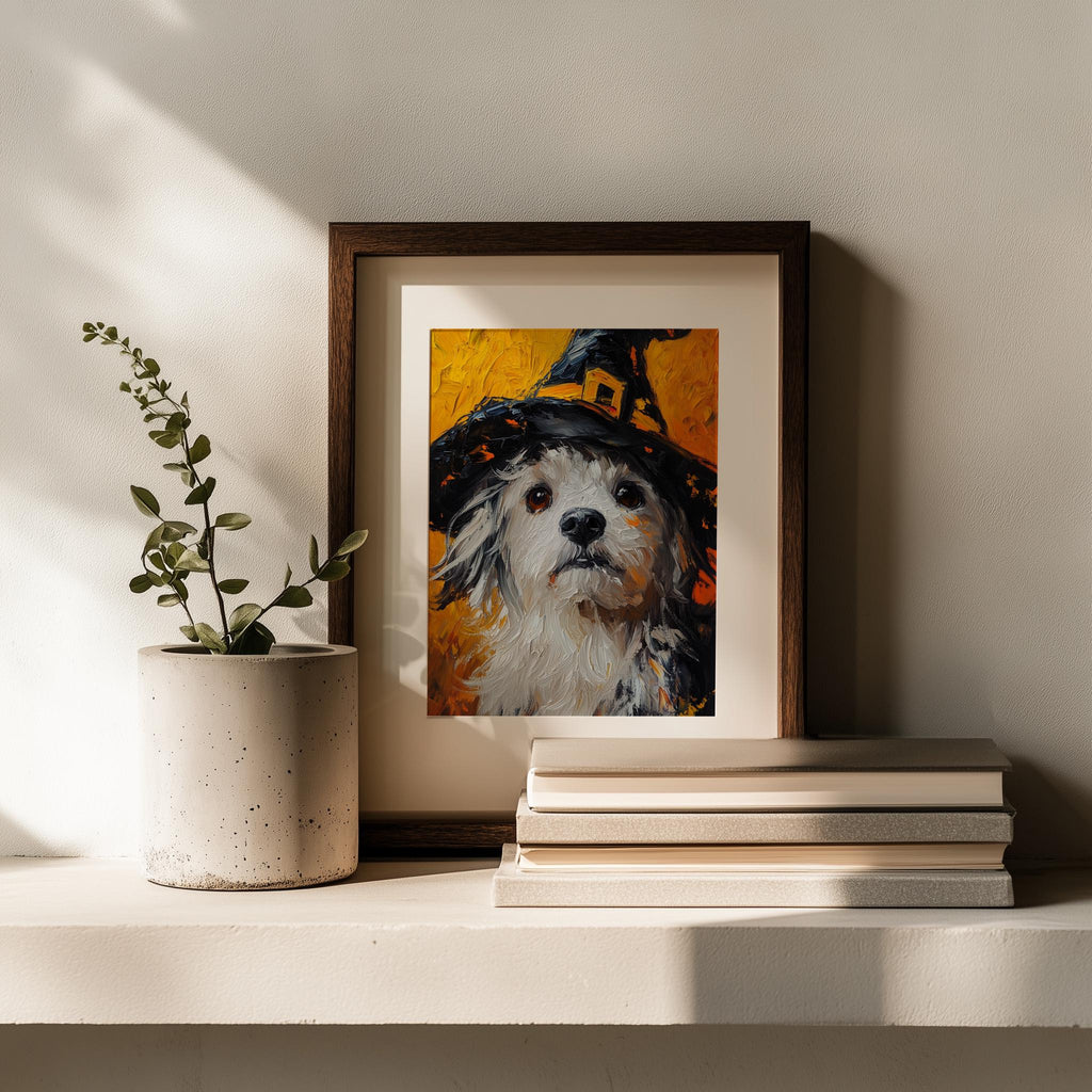 Witch Hat Dog Halloween art print shown in a room setting