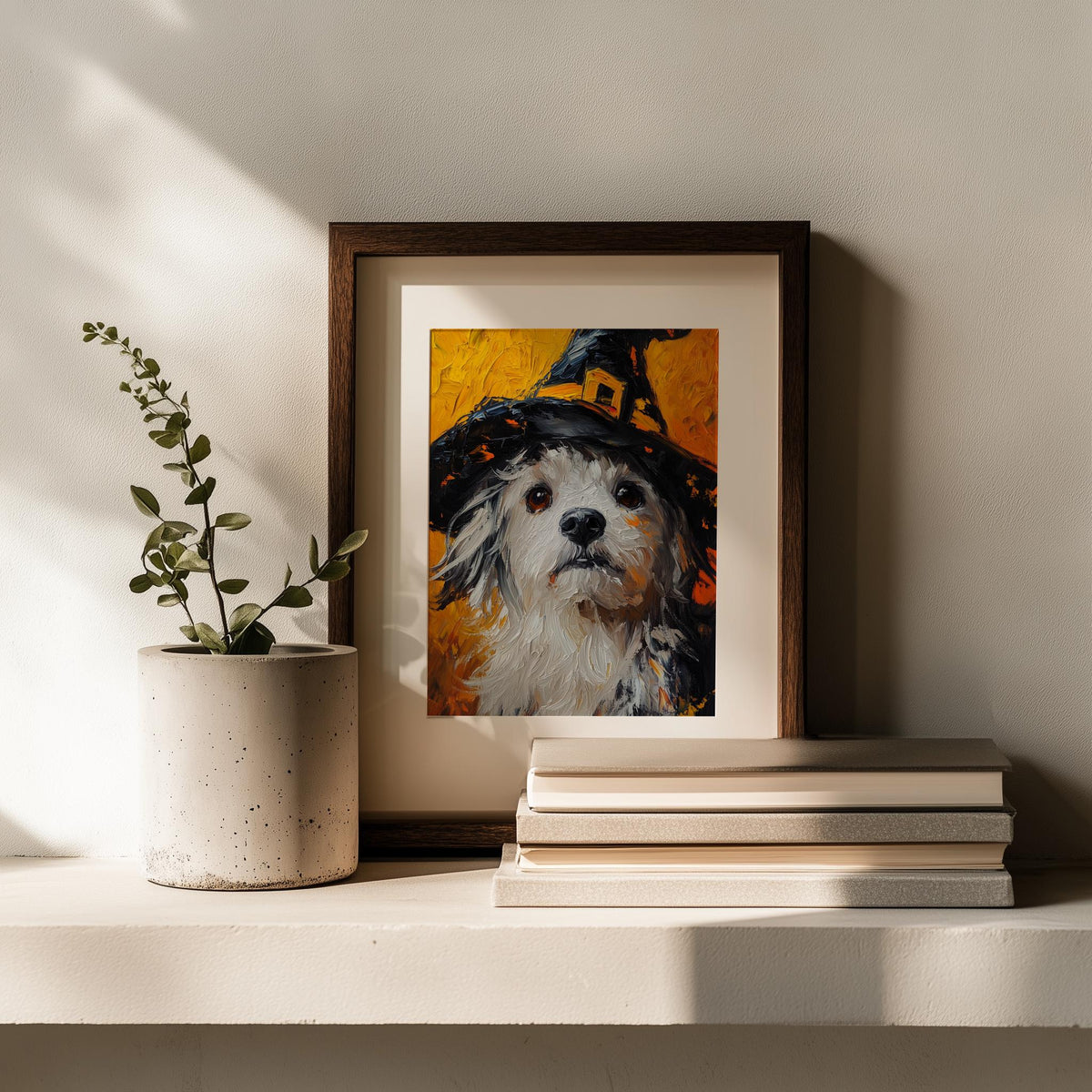 Witch Hat Dog Halloween art print shown in a room setting