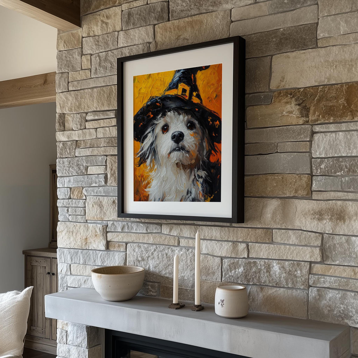 Witch Hat Dog Halloween art print shown in a room setting