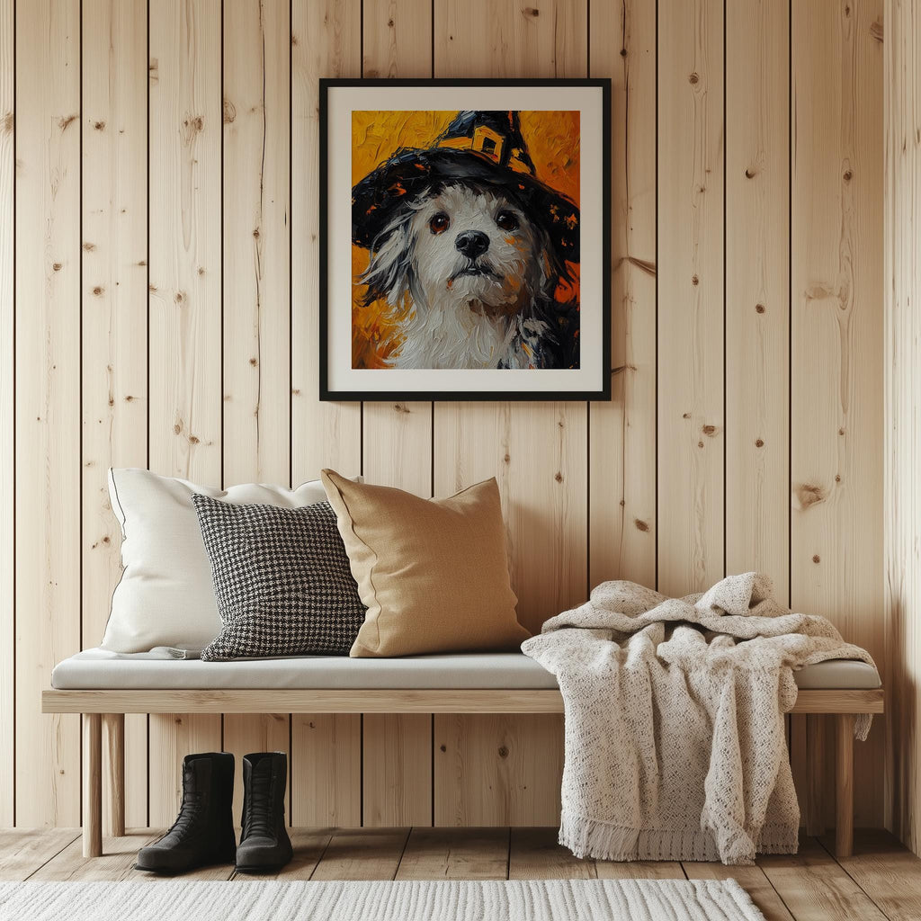 Witch Hat Dog Halloween art print shown in a room setting