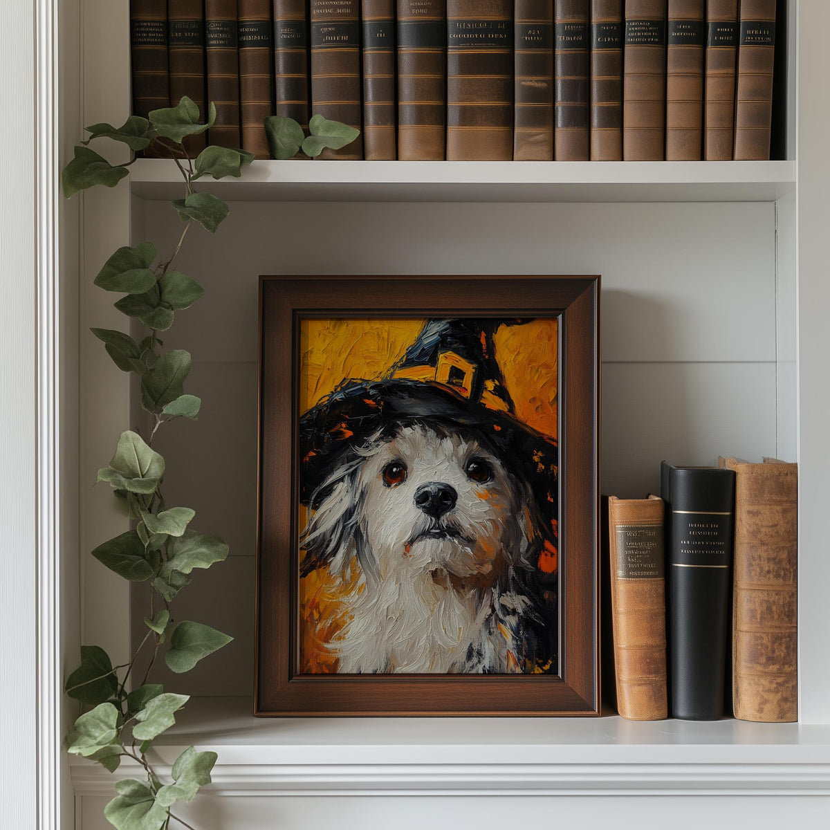 Witch Hat Dog Halloween art print shown in a room setting