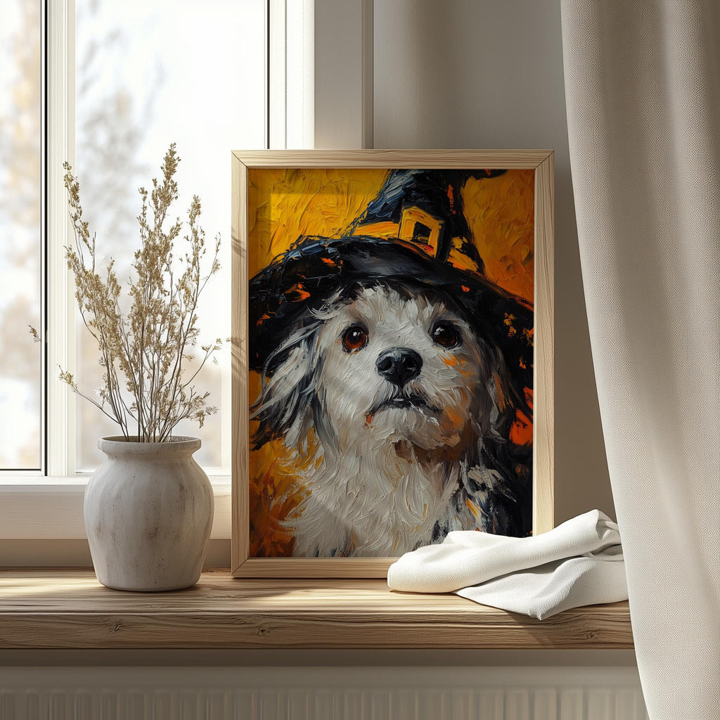 Witch Hat Dog Halloween art print shown in a room setting