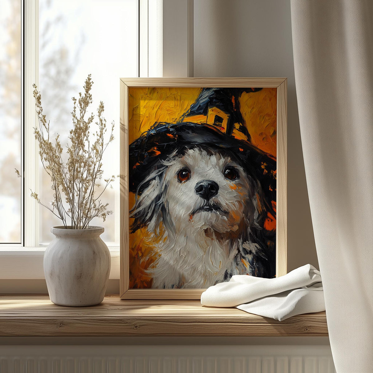 Witch Hat Dog Halloween art print shown in a room setting