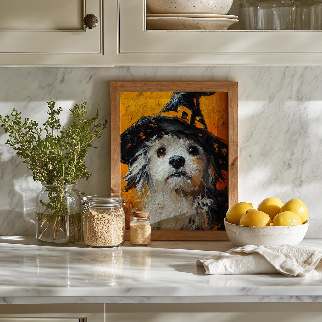 Witch Hat Dog Halloween art print shown in a room setting