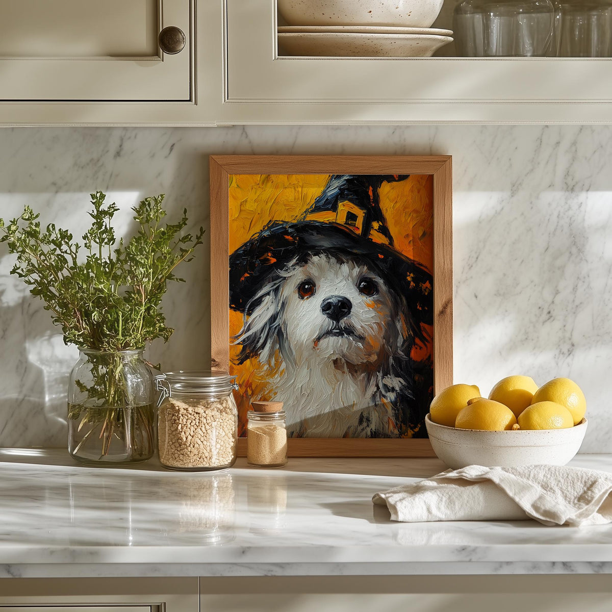 Witch Hat Dog Halloween art print shown in a room setting