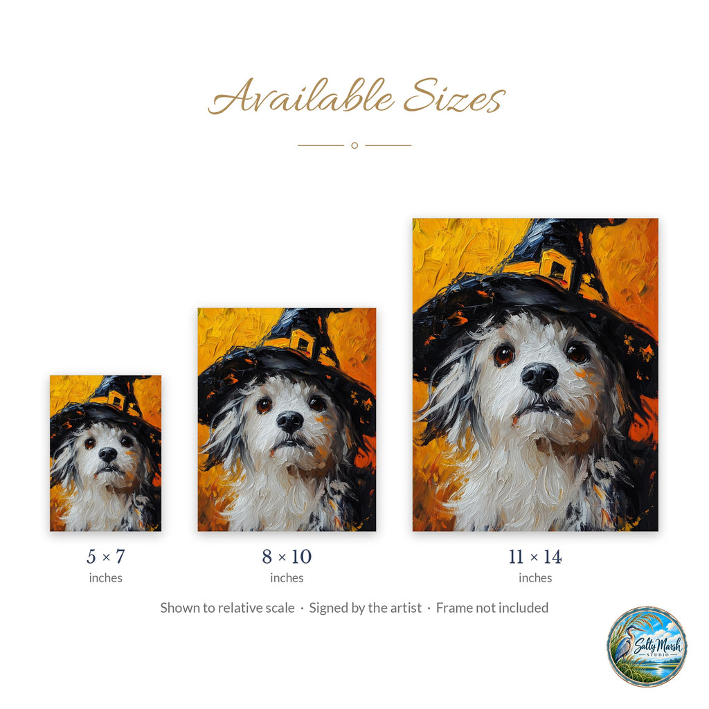 Witch Hat Dog art print size guide: 5x7, 8x10 and 11x14