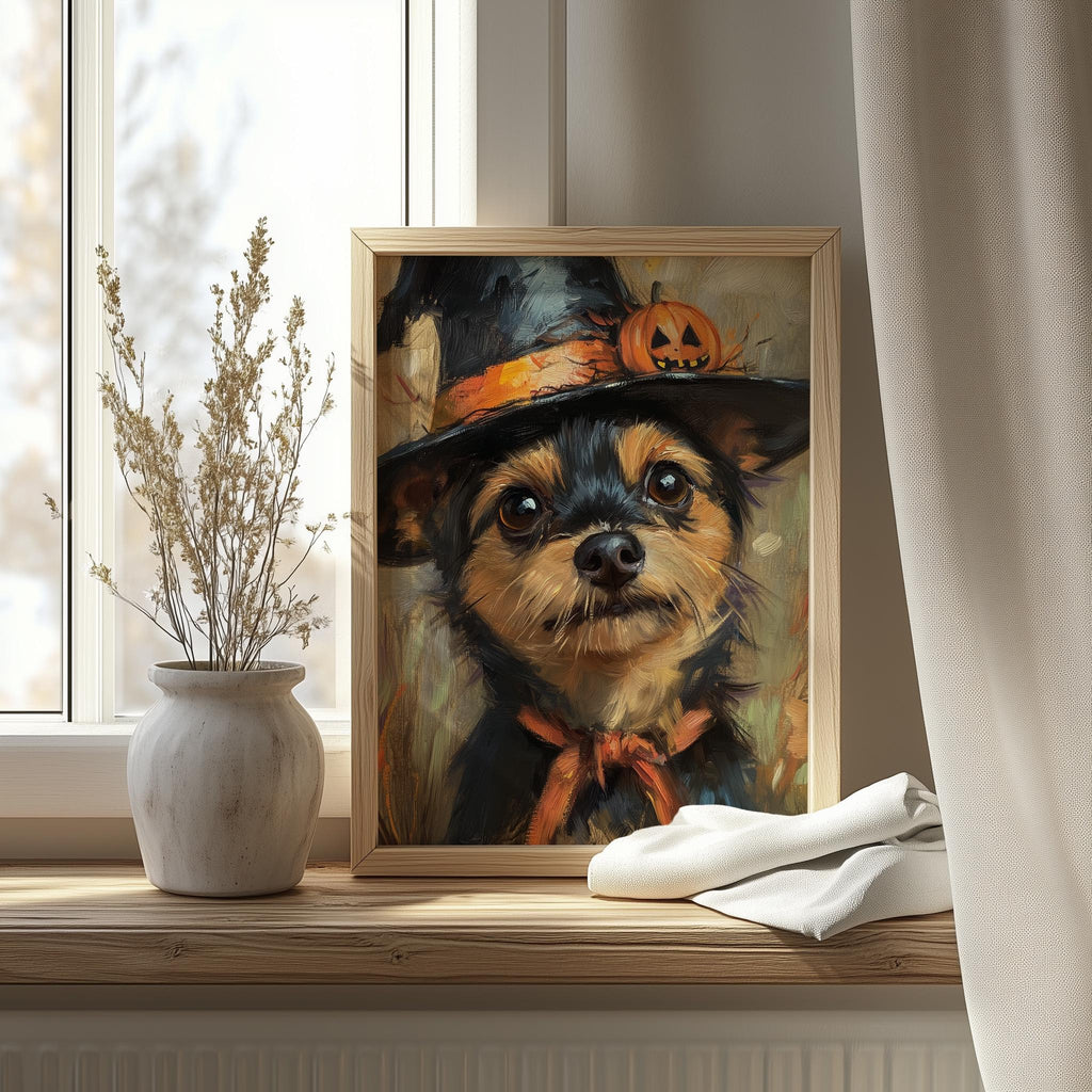 Terrier Witch Hat Halloween art print shown in a room setting