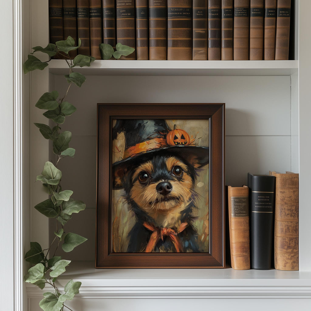 Terrier Witch Hat Halloween art print shown in a room setting