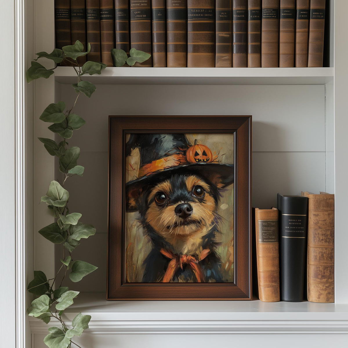 Terrier Witch Hat Halloween art print shown in a room setting