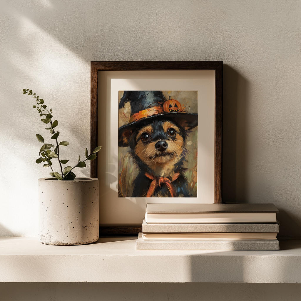 Terrier Witch Hat Halloween art print shown in a room setting