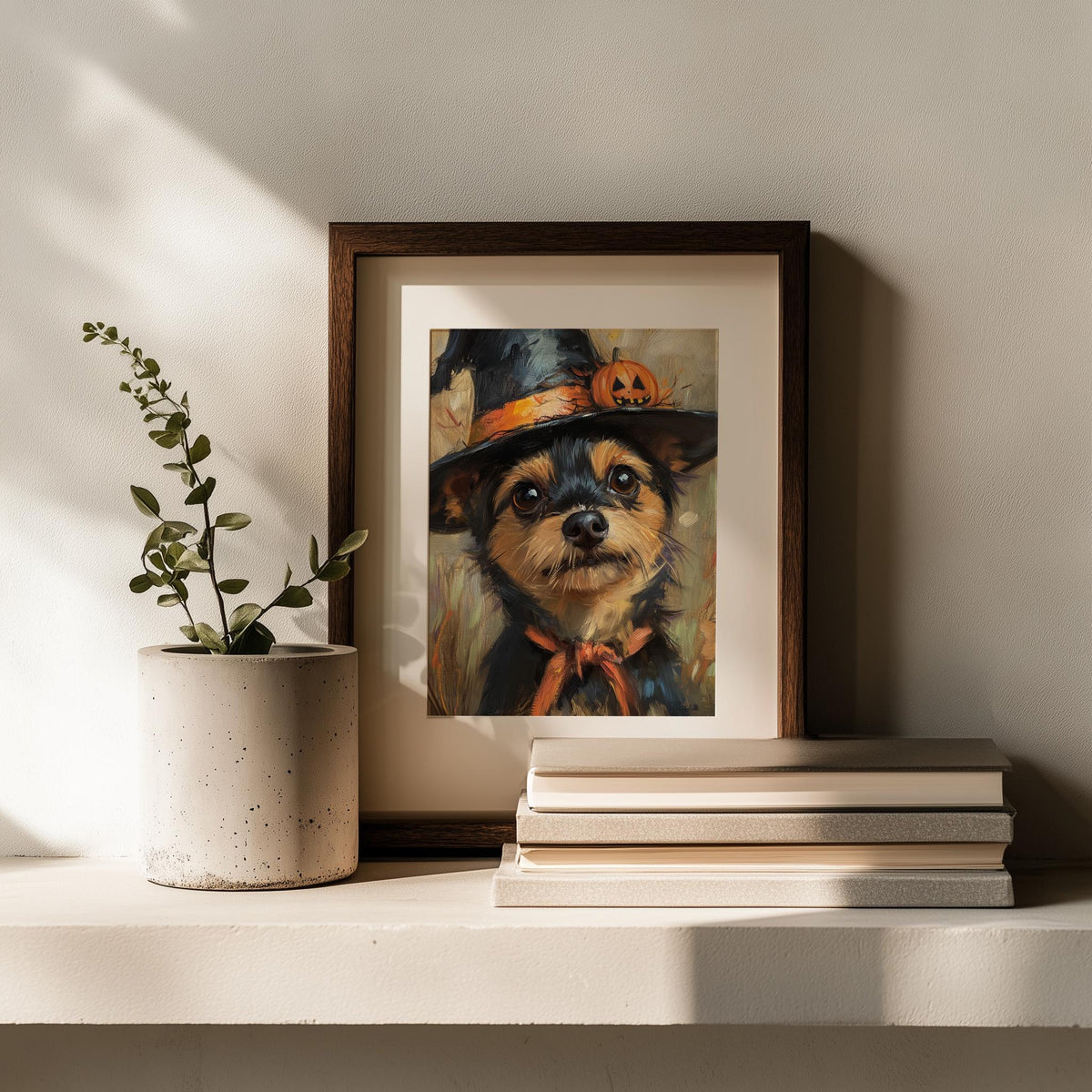 Terrier Witch Hat Halloween art print shown in a room setting