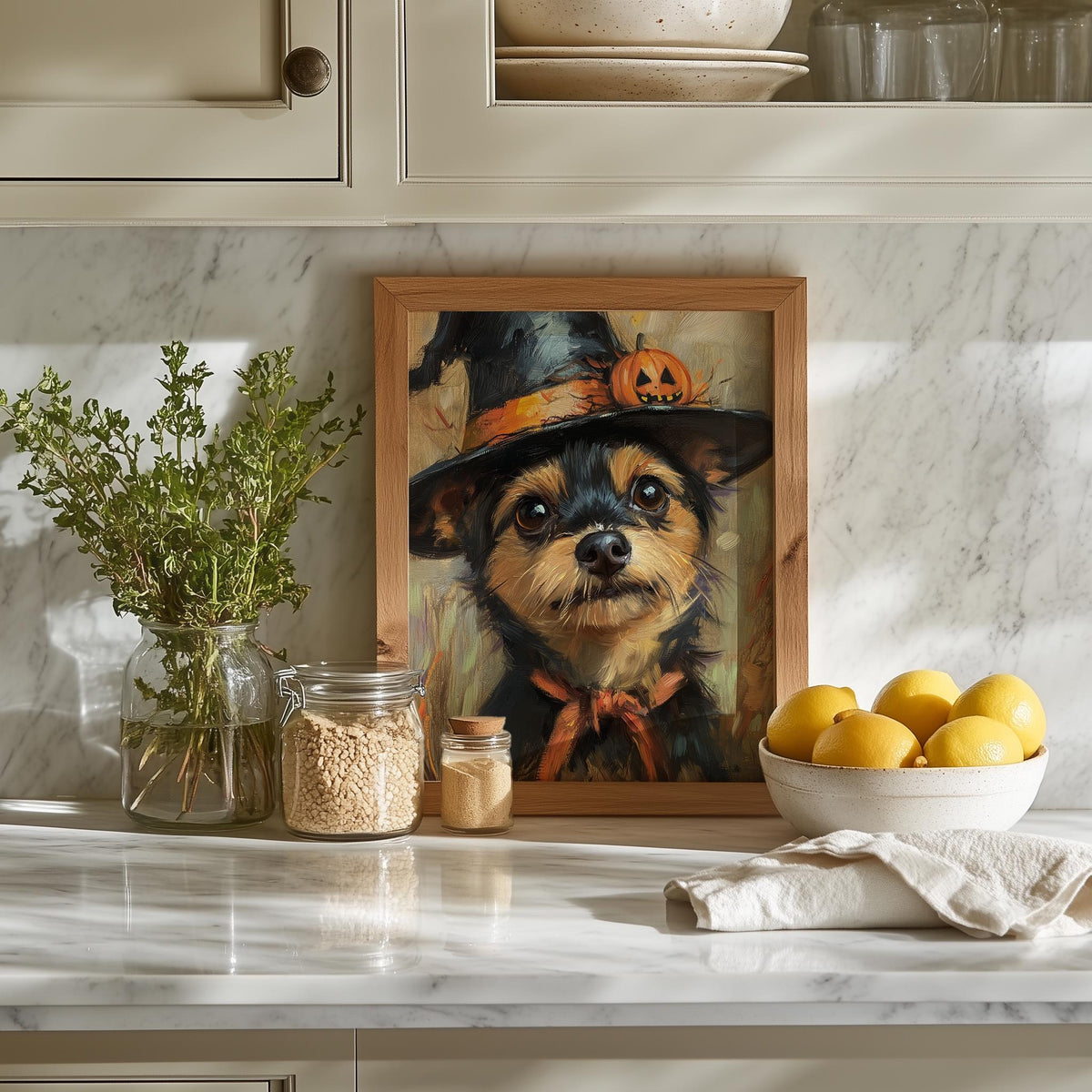 Terrier Witch Hat Halloween art print shown in a room setting