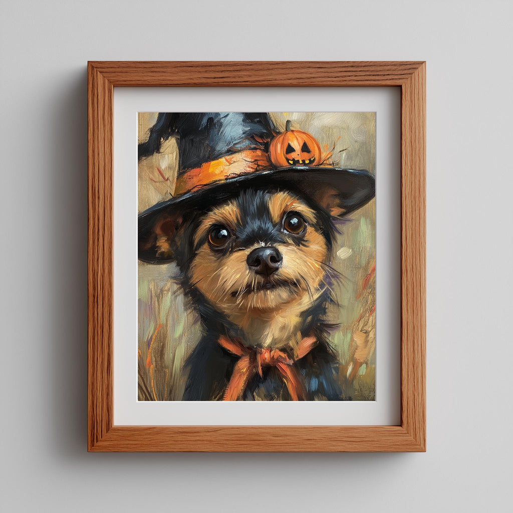 Terrier Witch Hat Halloween art print shown in a room setting