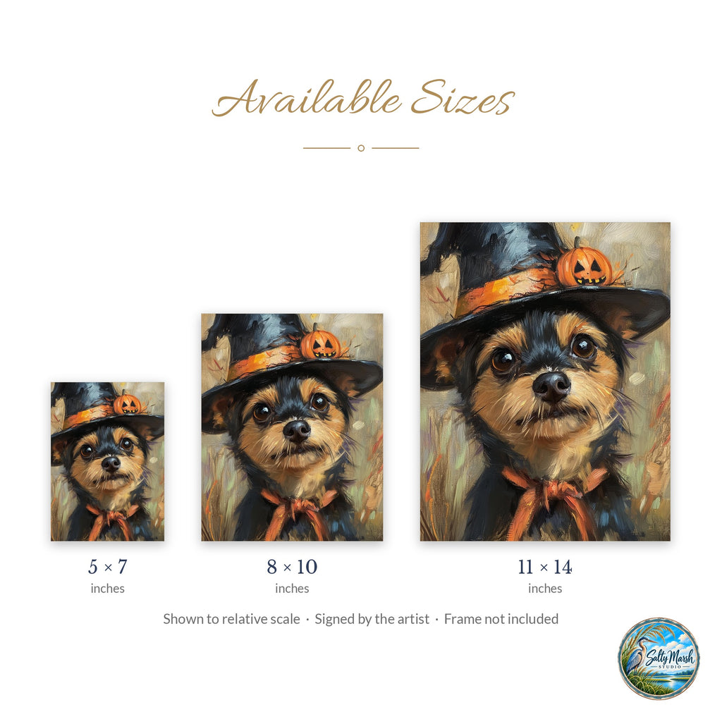 Terrier Witch Hat art print size guide: 5x7, 8x10 and 11x14
