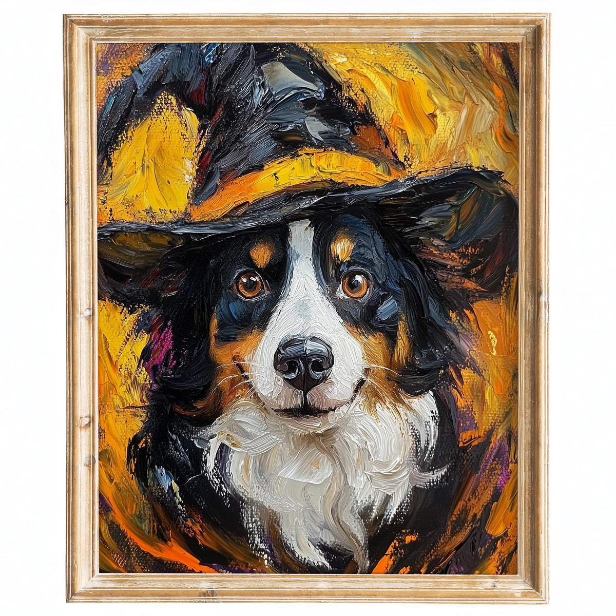 Tricolor Dog Witch Halloween art print framed