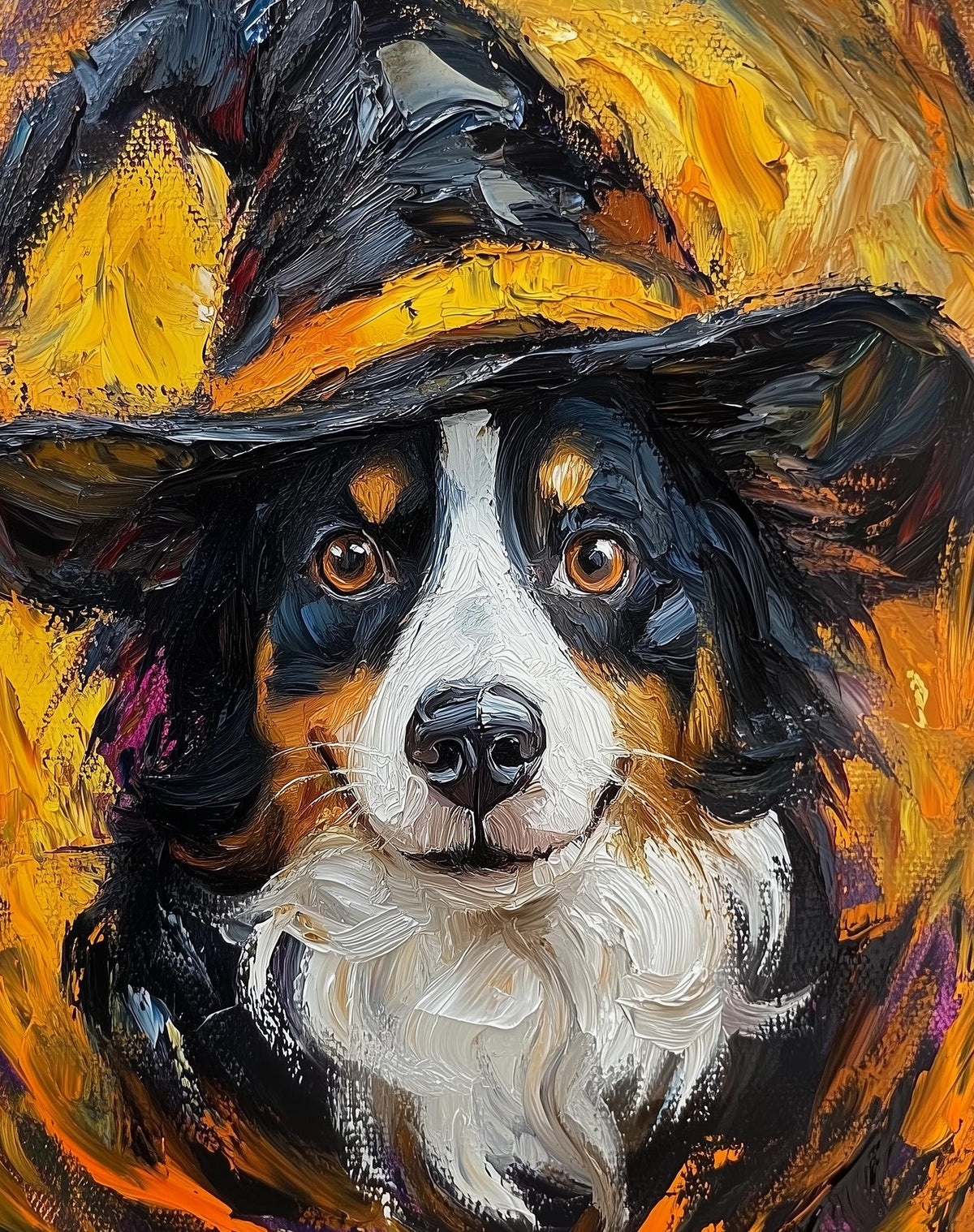 Tricolor Dog Witch Halloween art print unframed, signed by Pattie Overcash