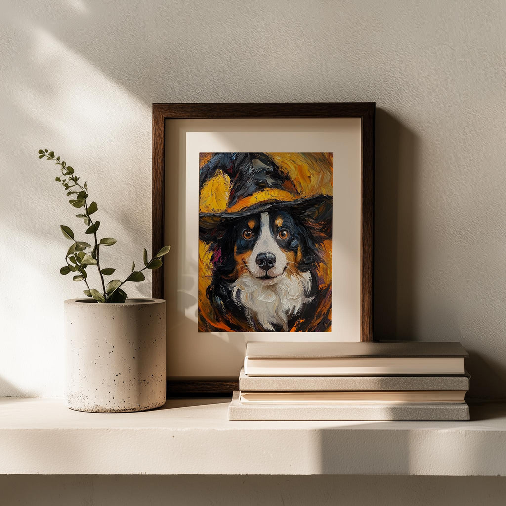 Tricolor Dog Witch Halloween art print shown in a room setting