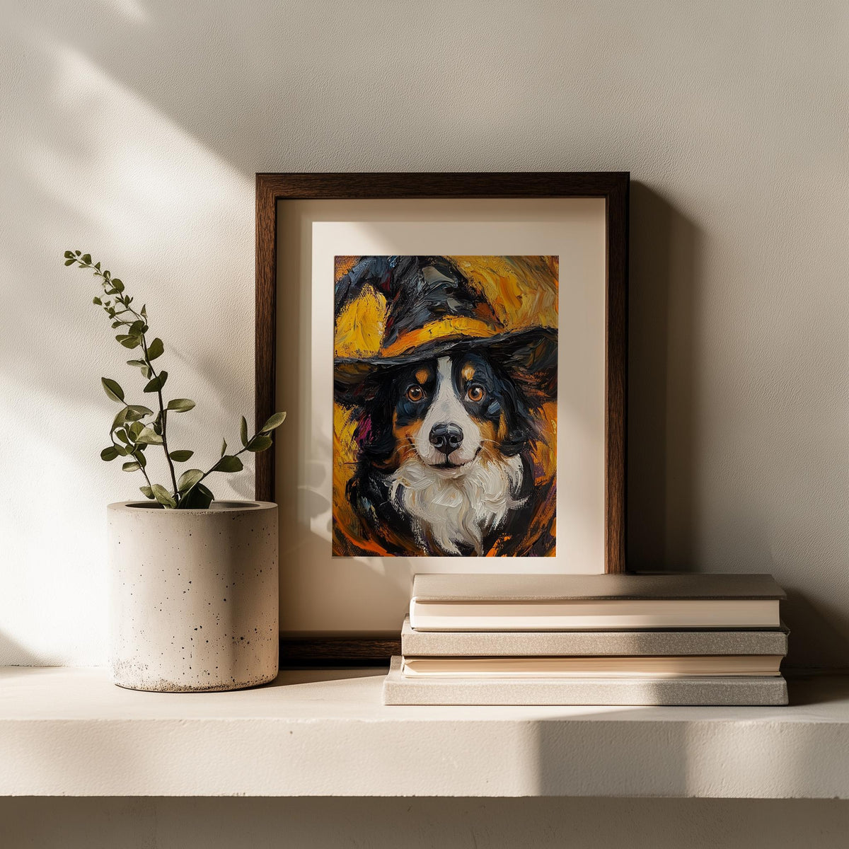 Tricolor Dog Witch Halloween art print shown in a room setting