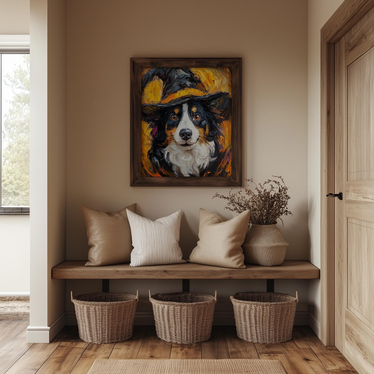 Tricolor Dog Witch Halloween art print shown in a room setting