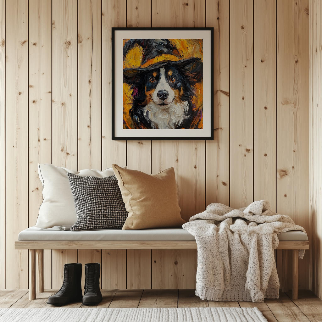 Tricolor Dog Witch Halloween art print shown in a room setting