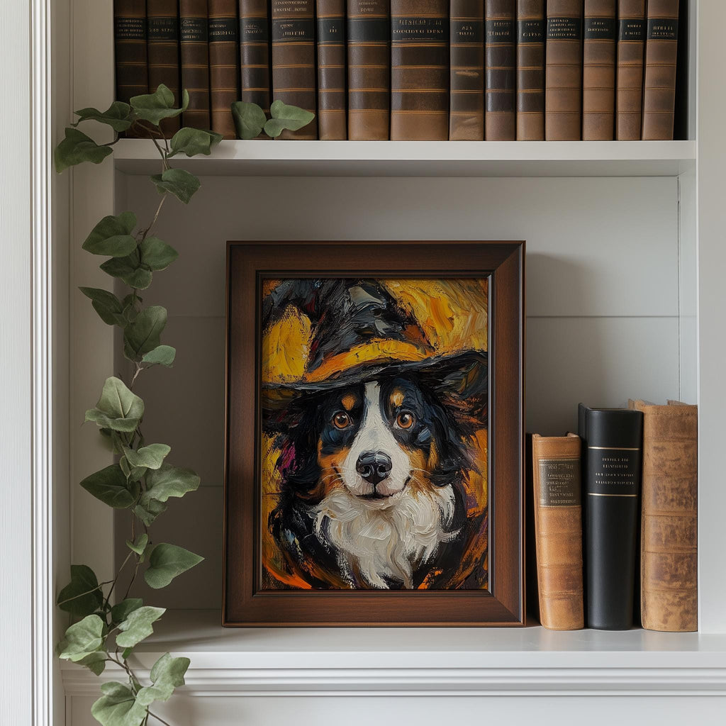 Tricolor Dog Witch Halloween art print shown in a room setting