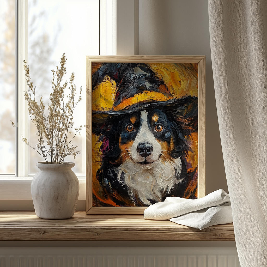 Tricolor Dog Witch Halloween art print shown in a room setting