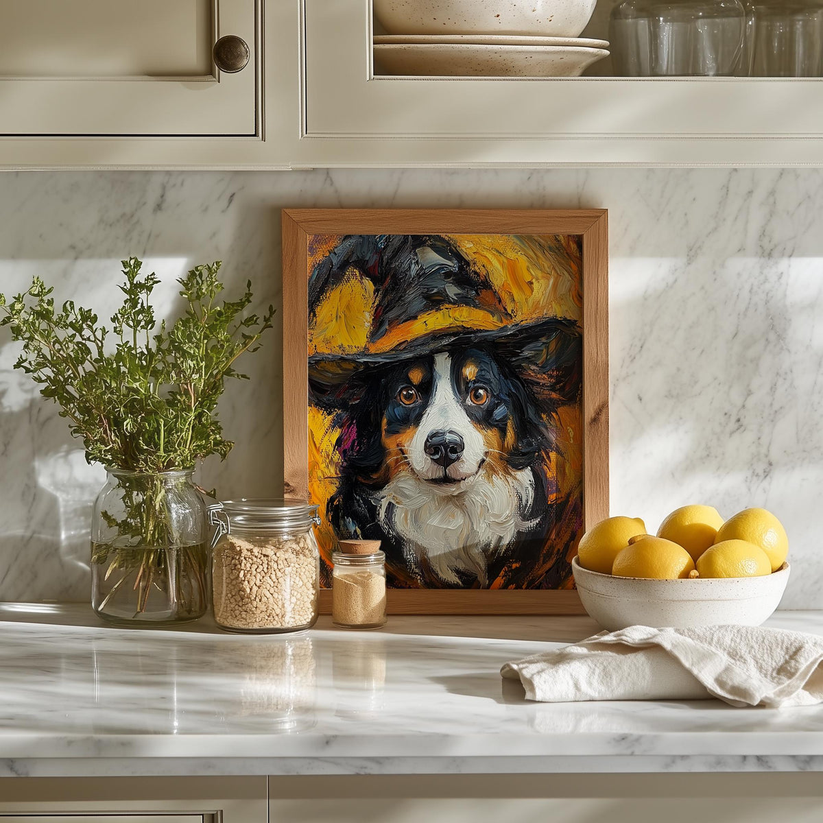 Tricolor Dog Witch Halloween art print shown in a room setting