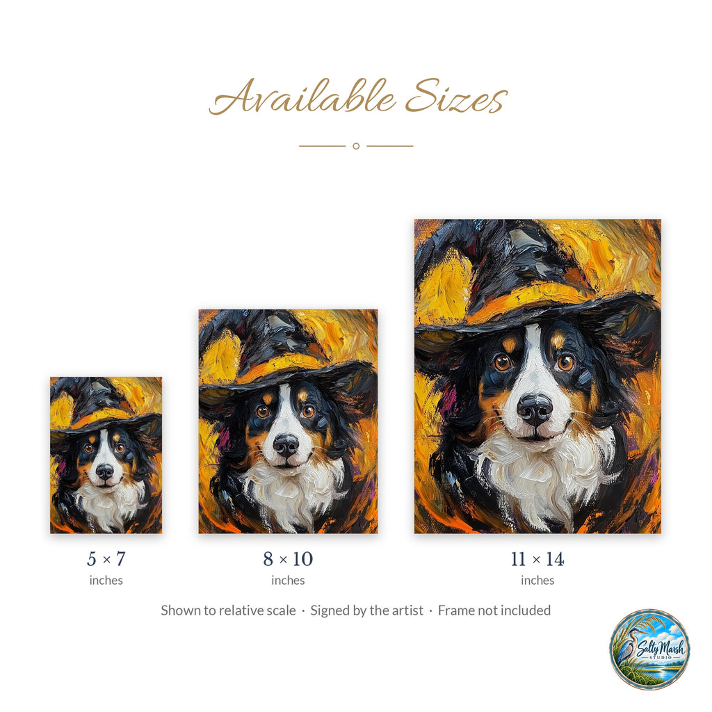 Tricolor Dog Witch art print size guide: 5x7, 8x10 and 11x14