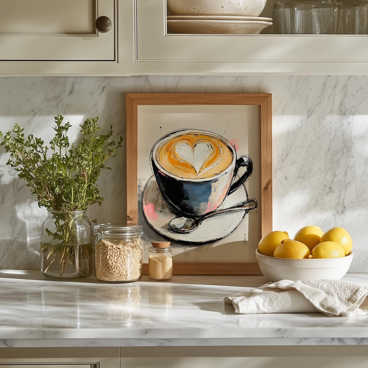 Heart Latte kitchen art print shown in a room setting