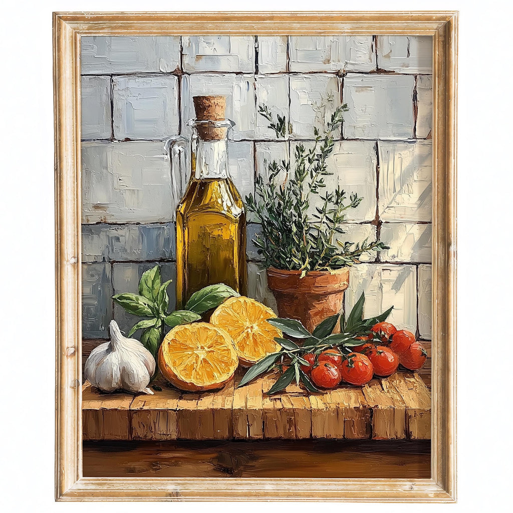 Olive Oil Still Life kitchen art print framed