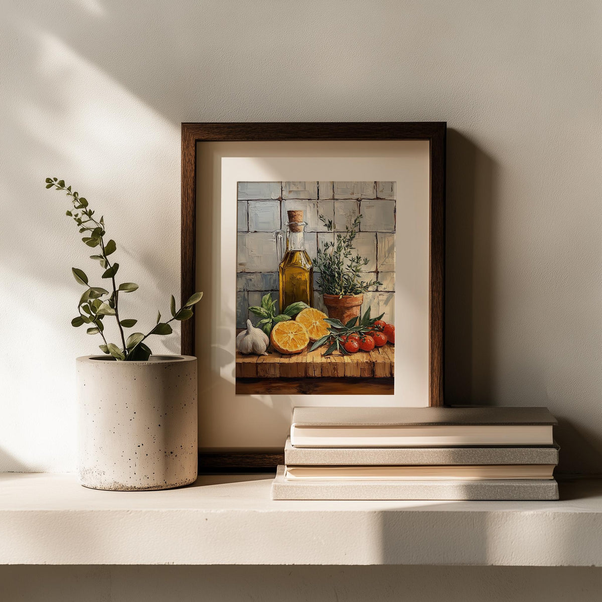 Olive Oil Still Life kitchen art print shown in a room setting